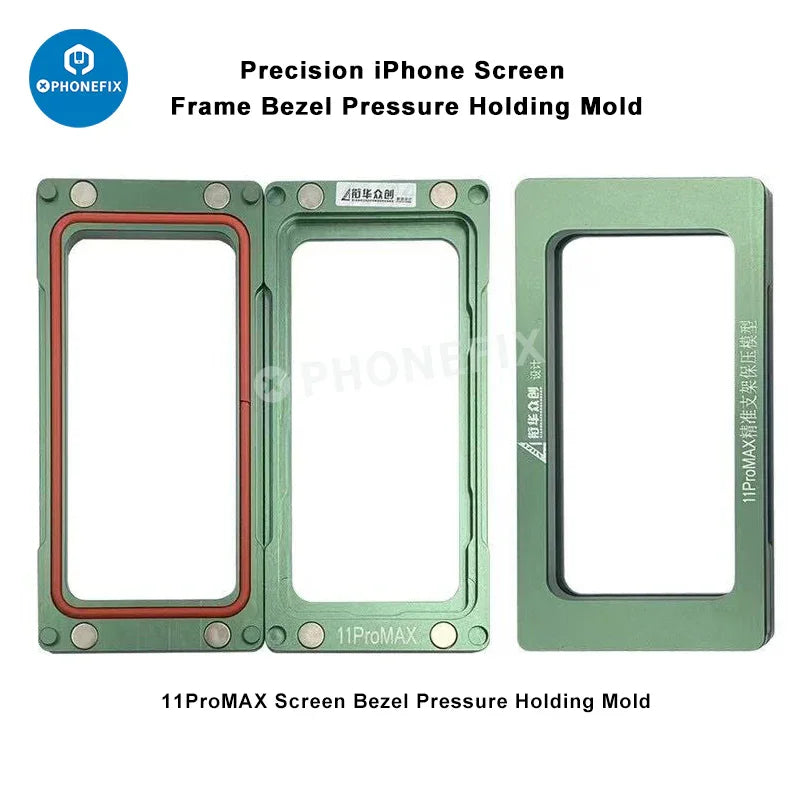 PHONEFIX screen frame bezel pressure holding mold for iPhone X to 16 Pro Max, used as a screen tool for secure assembly.