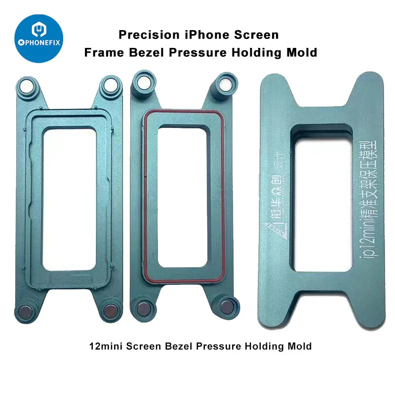 PHONEFIX screen frame bezel pressure holding mold for iPhone X to 16 Pro Max, used as a screen repair tool for secure bezel alignment.