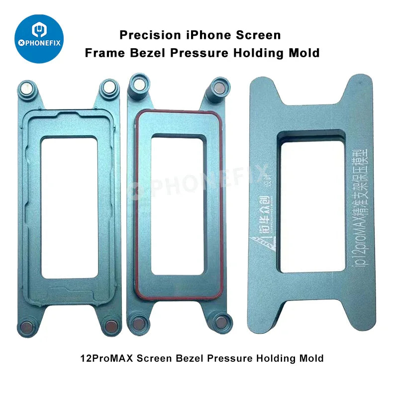 PHONEFIX screen frame bezel pressure holding mold for iPhone X to 16 Pro Max, used as a screen tool for device assembly.