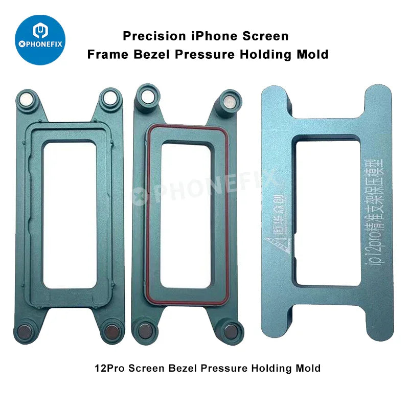 PhoneFix screen frame bezel pressure holding mold for iPhone X to 16 Pro Max, used as a screen repair tool for precise bezel fitting.