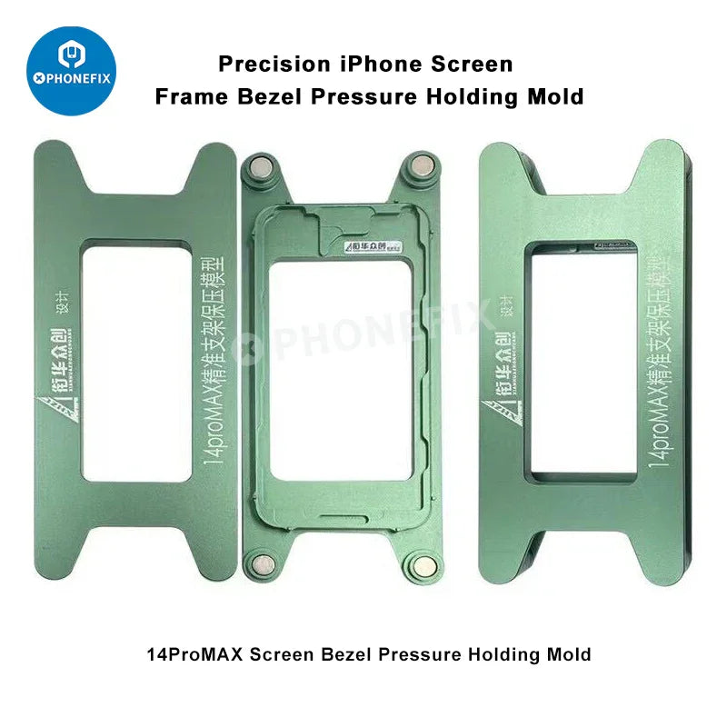 PHONEFIX screen frame bezel pressure holding mold for iPhone X to 16 Pro Max, used as a screen tool for assembly and repair.