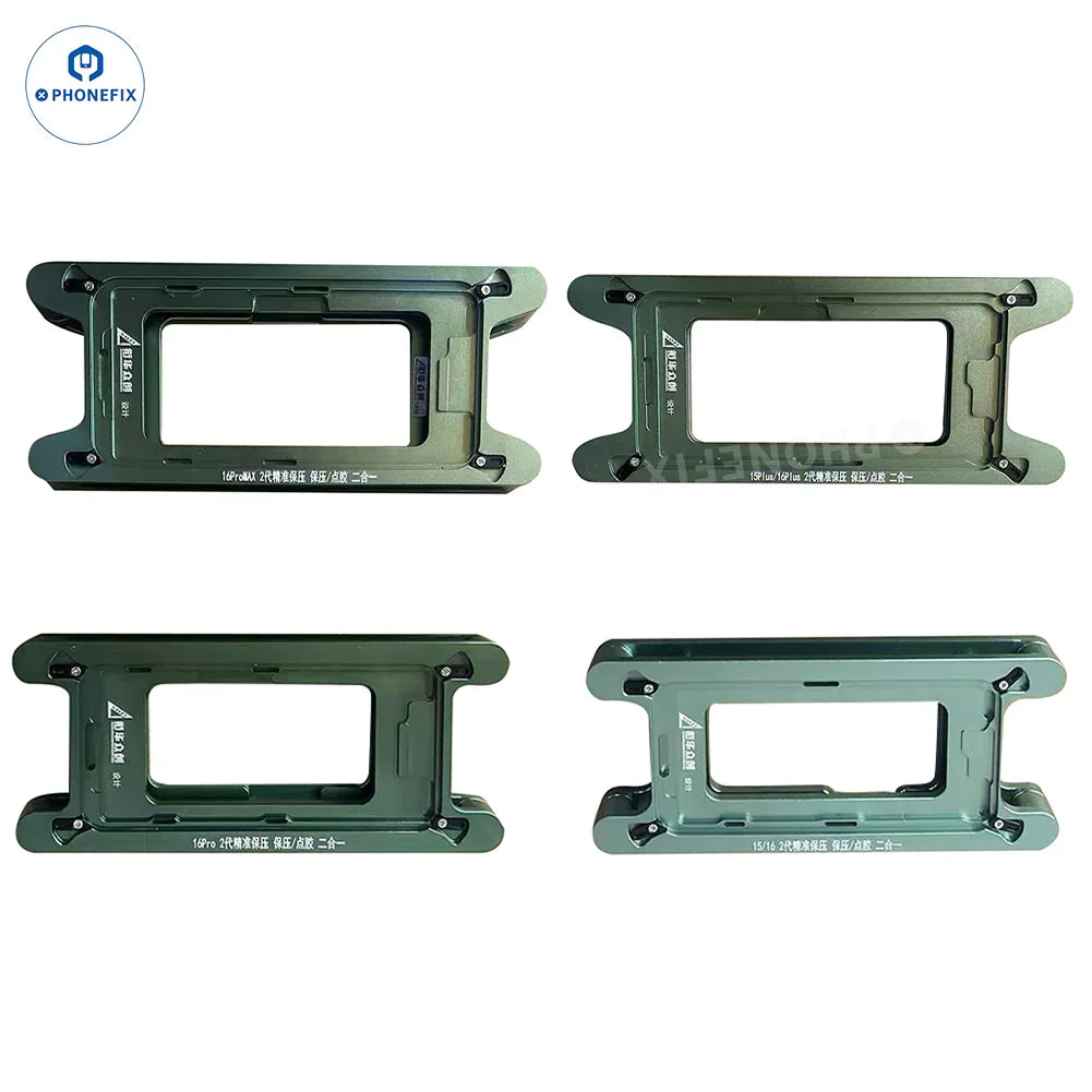 PHONEFIX screen frame bezel pressure holding mold for iPhone X to 16 Pro Max, used as screen repair tool for precise bezel alignment.