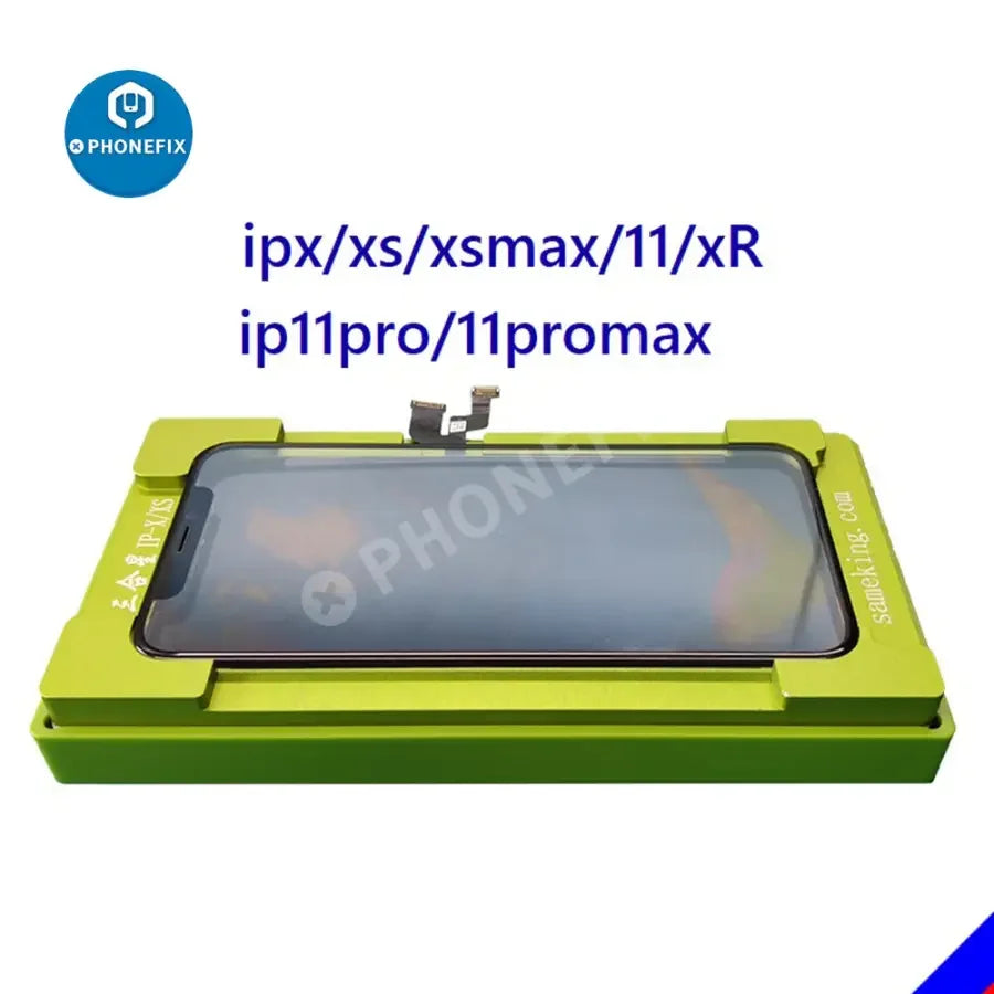PhoneFix 2-in-1 lamination mold for iPhone X to Pro Max screen alignment, used in LCD screen refurbishing and repair.