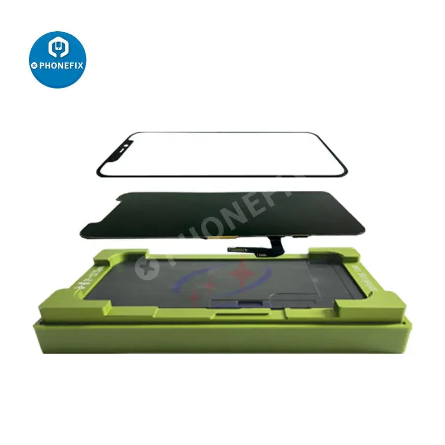 PHONEFIX 2-in-1 lamination mold for iPhone X to Pro Max screens, used for LCD screen alignment and refurbishing.