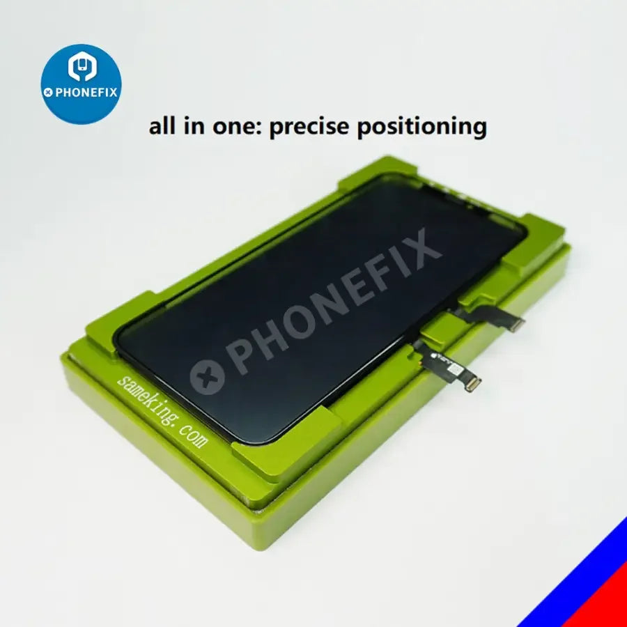 PHONEFIX 2-in-1 lamination mold for iPhone X to 16 Pro Max screens, used for LCD screen alignment and refurbishing.