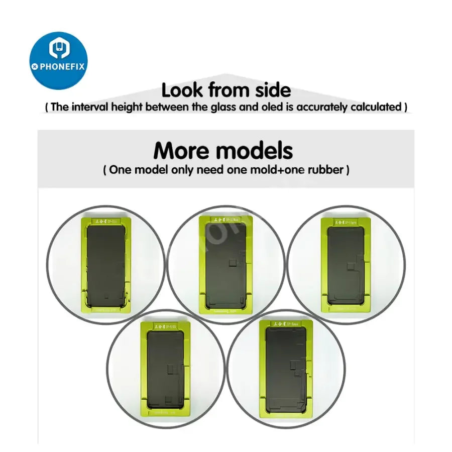 PHONEFIX 2-in-1 lamination mold for iPhone X to 16 Pro Max screen alignment and refurbishing, used for LCD screen repair.
