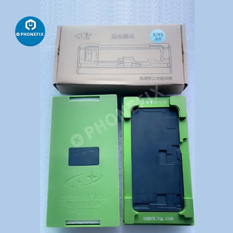 PHONEFIX 2-in-1 lamination mold for iPhone X to 16 Pro Max screen alignment and refurbishing, used for LCD screen repair.