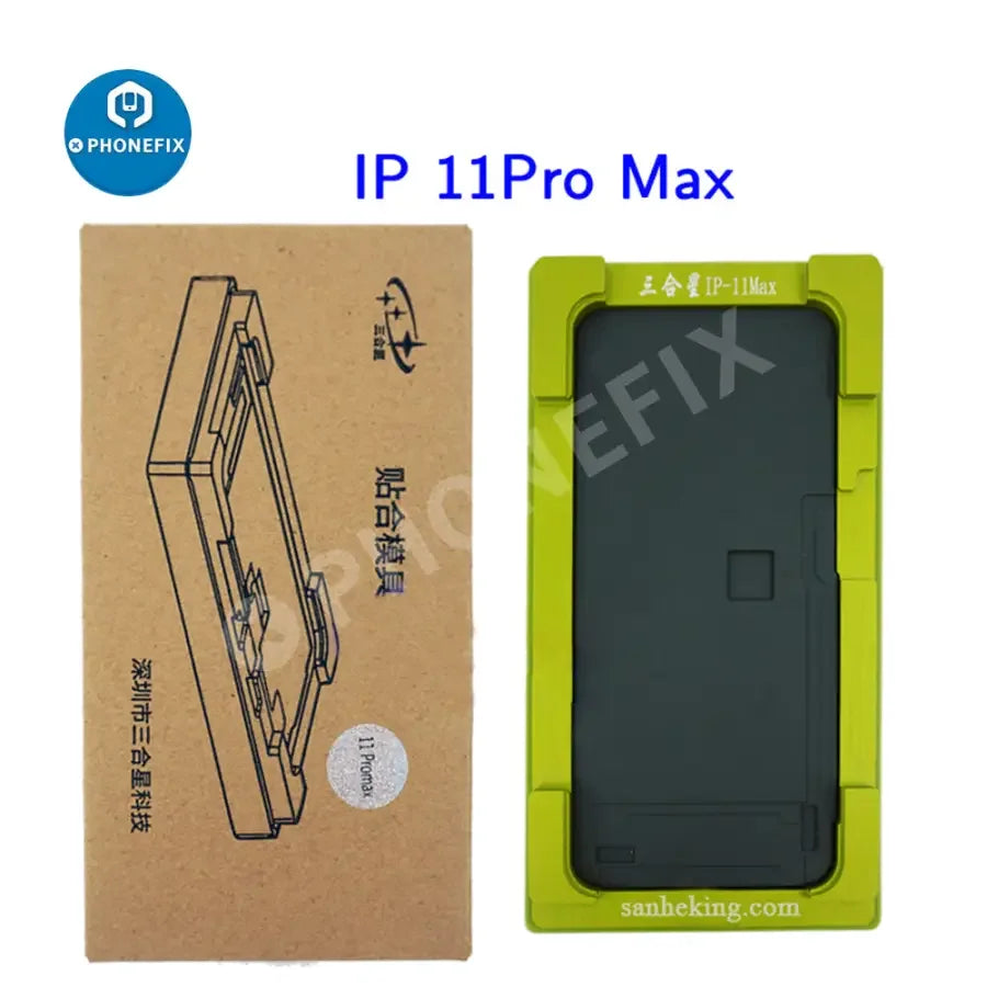 PHONEFIX 2-in-1 lamination mold for iPhone X to 16 Pro Max screens, used for LCD screen alignment and refurbishing.