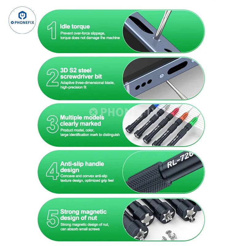RELIFE RL-726 3D torque screwdriver with magnetic bits, featuring ergonomic handle and precision design for electronics repair.