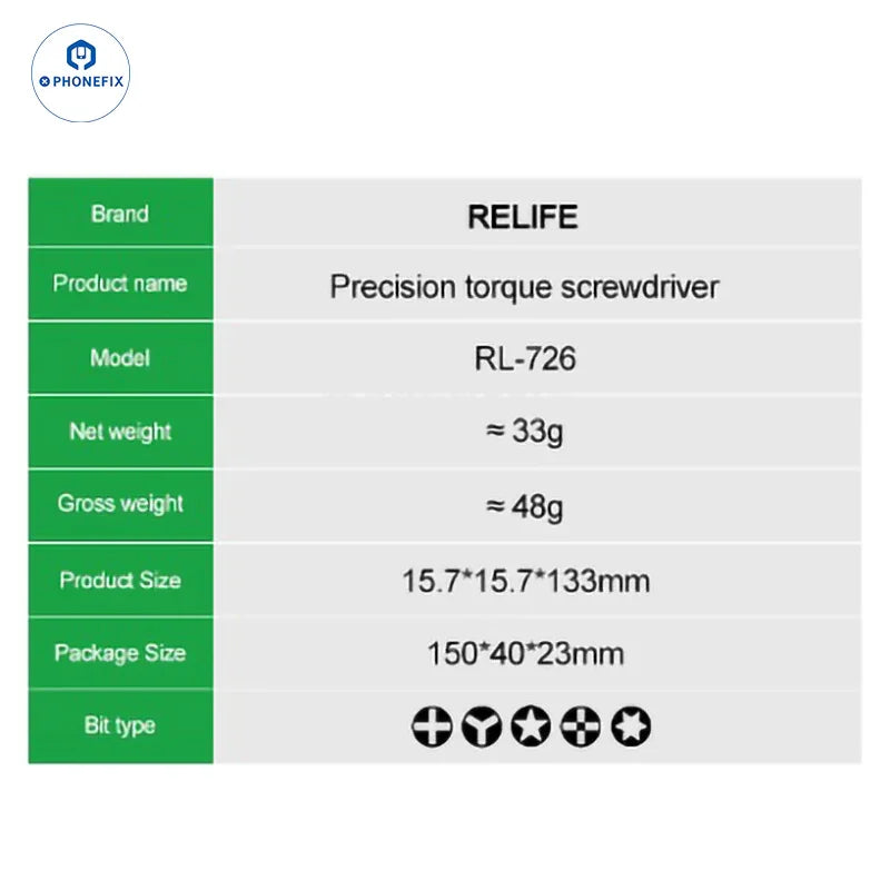 RELIFE RL-726 3D torque screwdriver with strong magnetic bits shown in a close-up image. Ideal for precise electronic repairs.