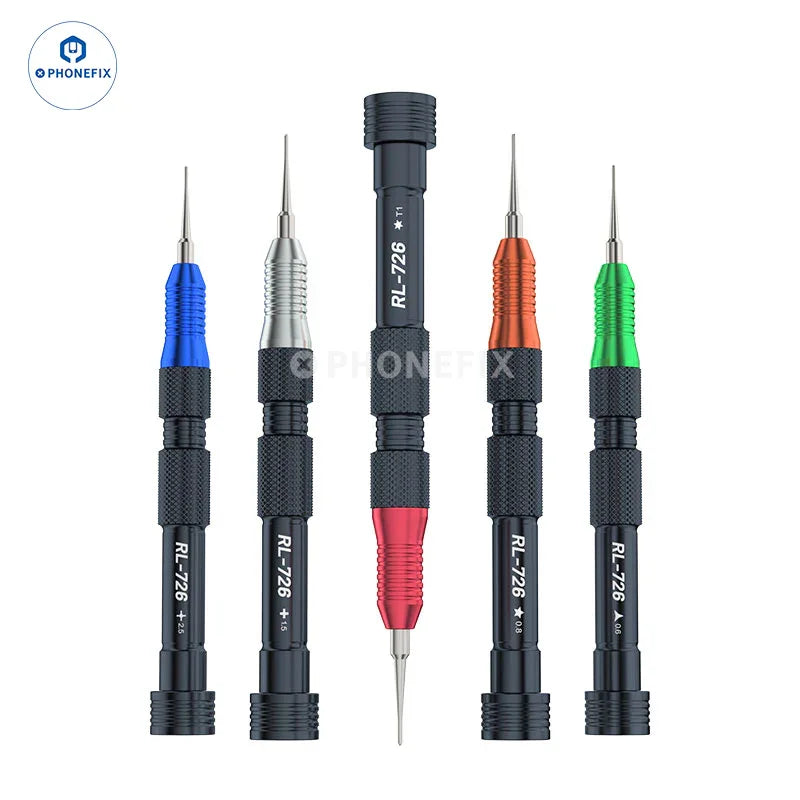 RELIFE RL-726 3D torque screwdriver with strong magnetic bits, shown with precision tools and ergonomic handle, branded by PHONEFIX.