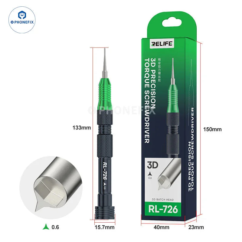 RELIFE RL-726 3D torque screwdriver with strong magnetic bits, used for precise screw tightening and electronics repair.