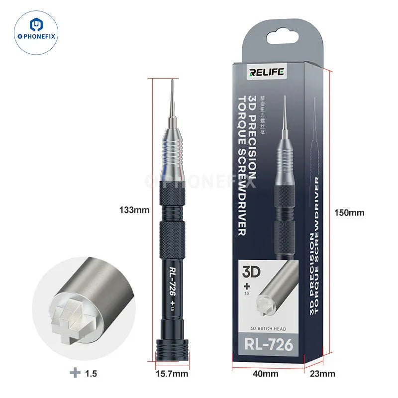 RELIFE RL-726 3D torque screwdriver with strong magnetic bits, versatile precision tool for electronic repairs, branded by PHONEFIX
