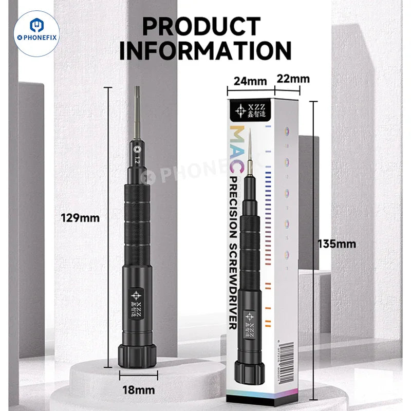 PHONEFIX XZZ MAC Mini Screwdriver Kit for MacBook laptop repair, showing precision screwdrivers for delicate electronic repairs.