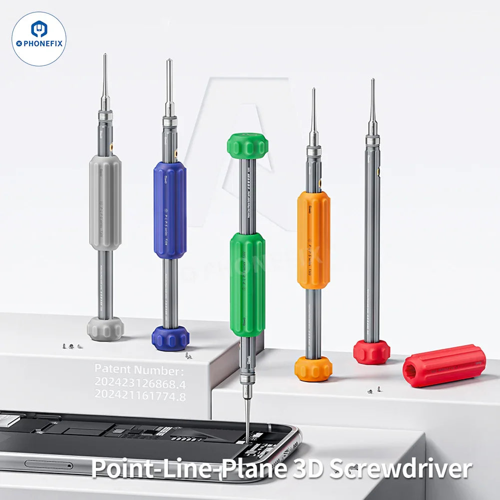 PHONEFIX QianLi Point-Line-Plane 3D screwdriver set with precision screwdrivers for mobile phone repair in a compact case.