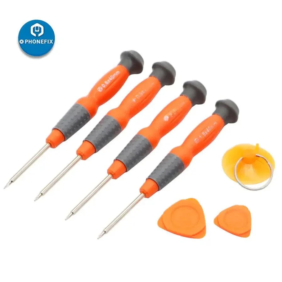 Set of 7 precision screwdrivers and battery replacement tools from PHONEFIX for DIY phone screen and battery repairs.