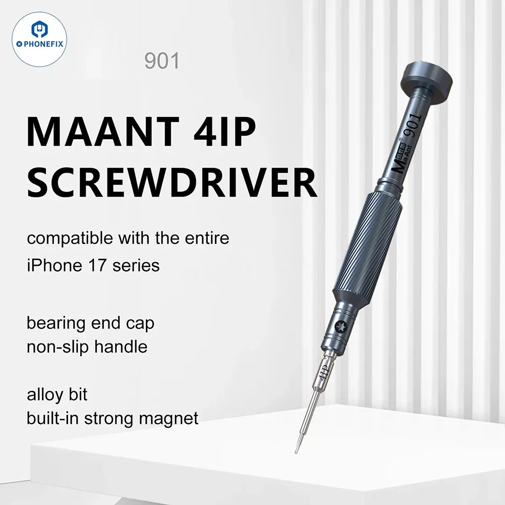 PhoneFix mini screwdriver for iPhone 17, Air, and Pro Max bottom screw removal, small precision tool for phone repairs.