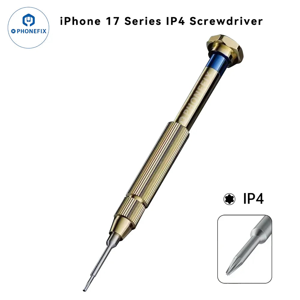 PhoneFix mini screwdriver for iPhone 17, Air, and Pro Max bottom screw removal, showing a compact precision tool.