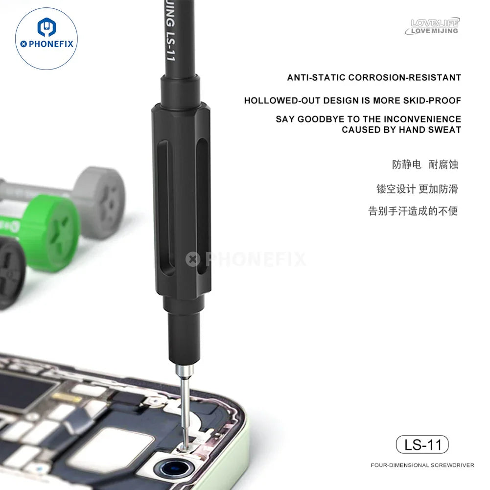 PHONEFIX Mijing LS-11 four-dimensional screwdriver for phone and laptop disassembly, black multi-bit repair tool.