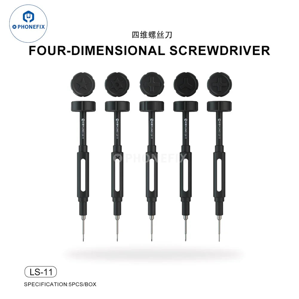 PhoneFix Mijing LS-11 four-dimensional screwdriver set for phone and laptop disassembly, black metal tool for electronics repair.