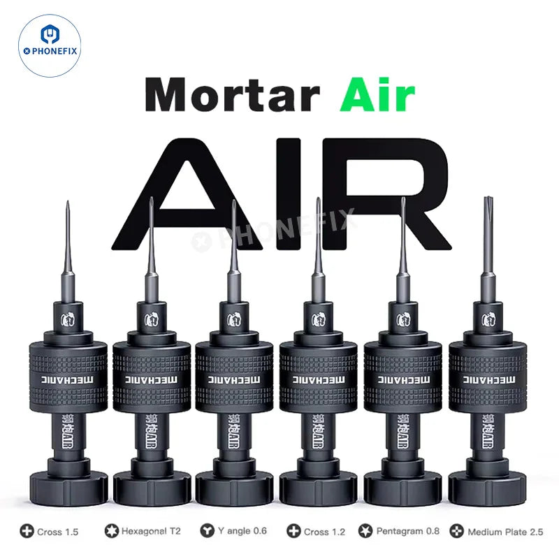 PhoneFix MECHANIC MORTAR SE Plus/Pro/Air/Max iShell 2D 3D screwdriver set with various screwdriver heads and ergonomic handles.