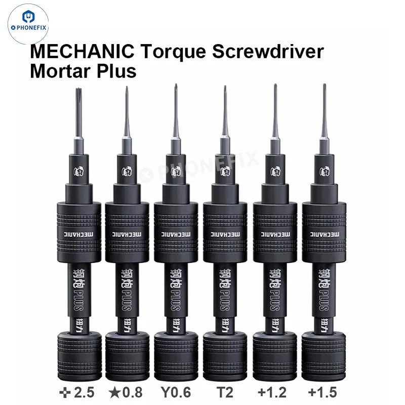 PhoneFix MECHANIC MORTAR SE Plus/Pro/Air/Max iShell 2D 3D screwdriver set with various screwdrivers and ergonomic handles.
