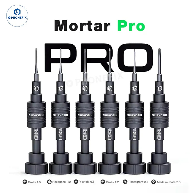 PHONEFIX mechanic screwdriver set with Pro, Mortar SE Plus, Air, Max, and iShell 2D 3D screwdrivers, displayed with various tips and handles.