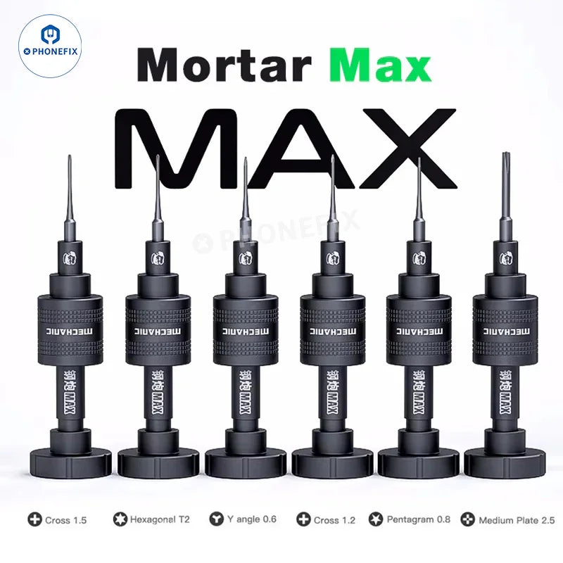 PhoneFix Mechanic Mortar SE Plus/Pro/Air/Max iShell 2D 3D screwdriver set with various screwdriver heads on a white background.