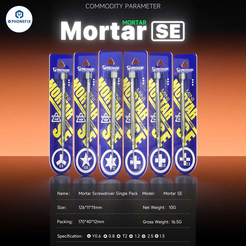 PHONEFIX Mechanic Mortar SE Plus/Pro/Air/Max iShell 2D 3D screwdriver set with various screwdriver heads on a white background.