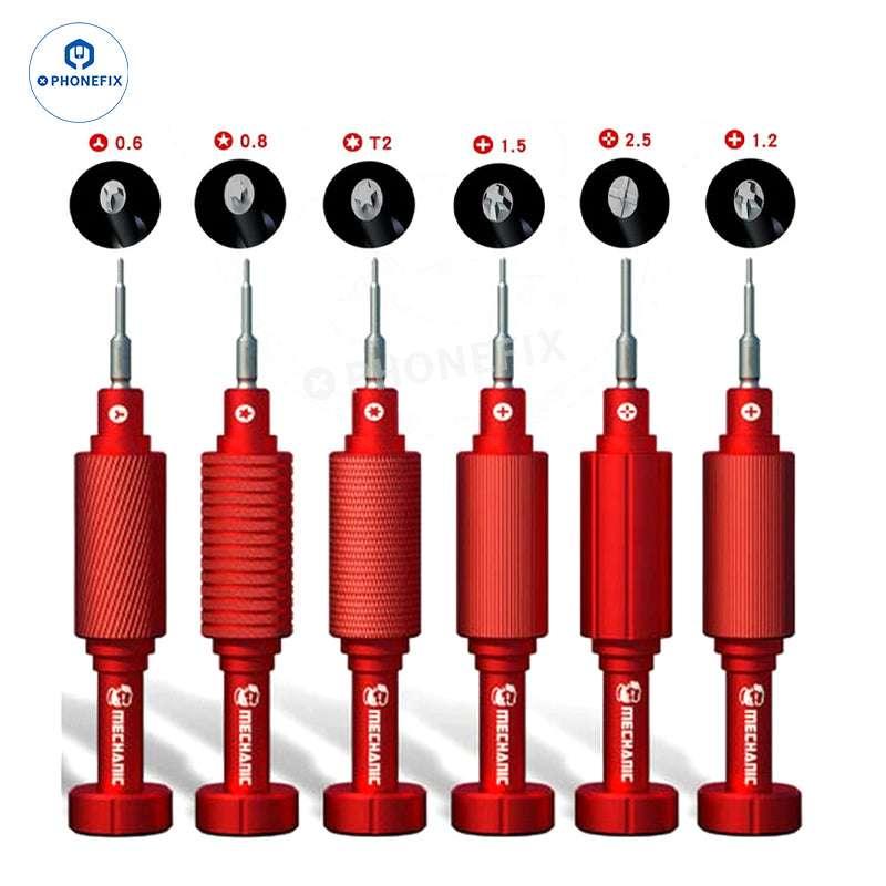 PHONEFIX MECHANIC MORTAR SE Plus/Pro/Air/Max iShell 2D 3D screwdriver set with six interchangeable bits and ergonomic handle.