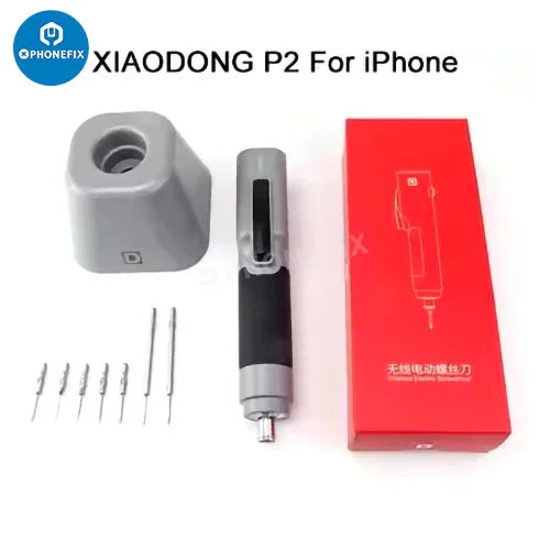 Destornillador eléctrico sin escobillas de la marca XIAODONG para la reparación de iPhone, Android y tabletas, que se muestra con el destornillador y las herramientas de reparación.