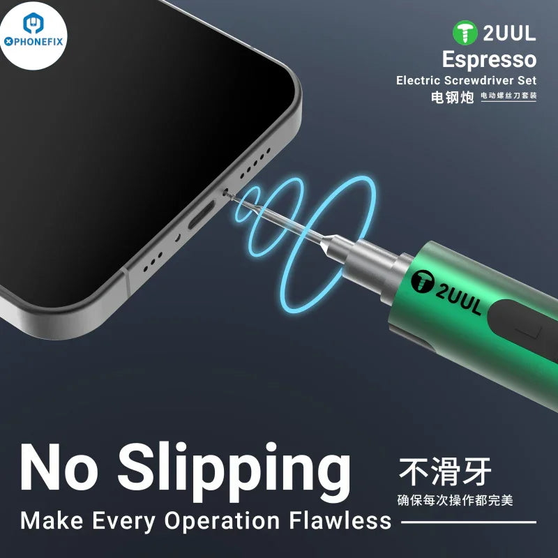 PHONEFIX 2UUL SD11 Espresso Electric Screwdriver for phone disassembly, showing the compact electric screwdriver with various tips.