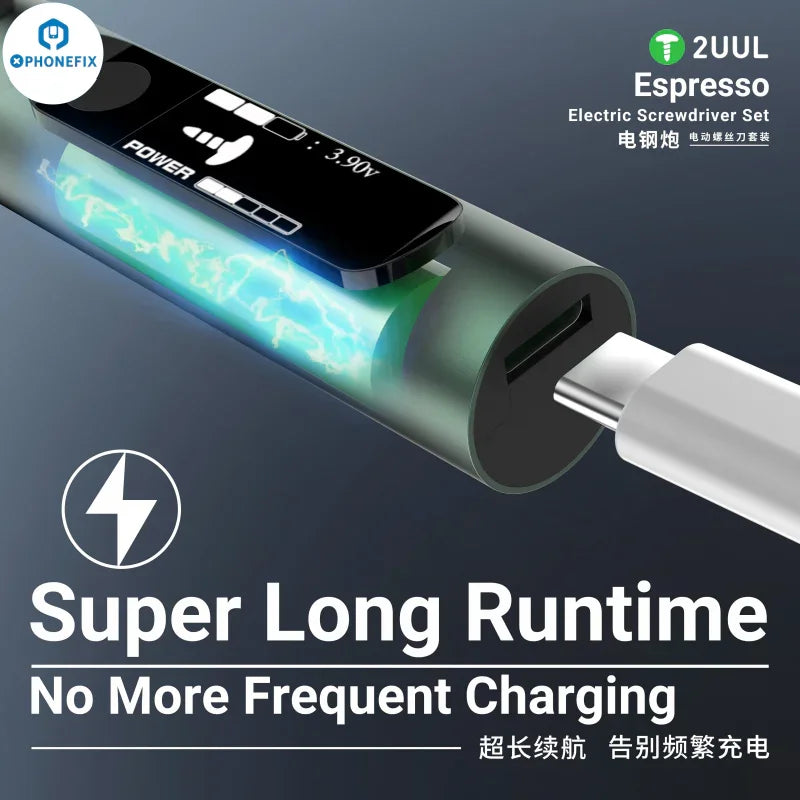 PHONEFIX 2UUL SD11 Espresso Electric Screwdriver for phone disassembly, showing compact screwdriver with ergonomic handle.