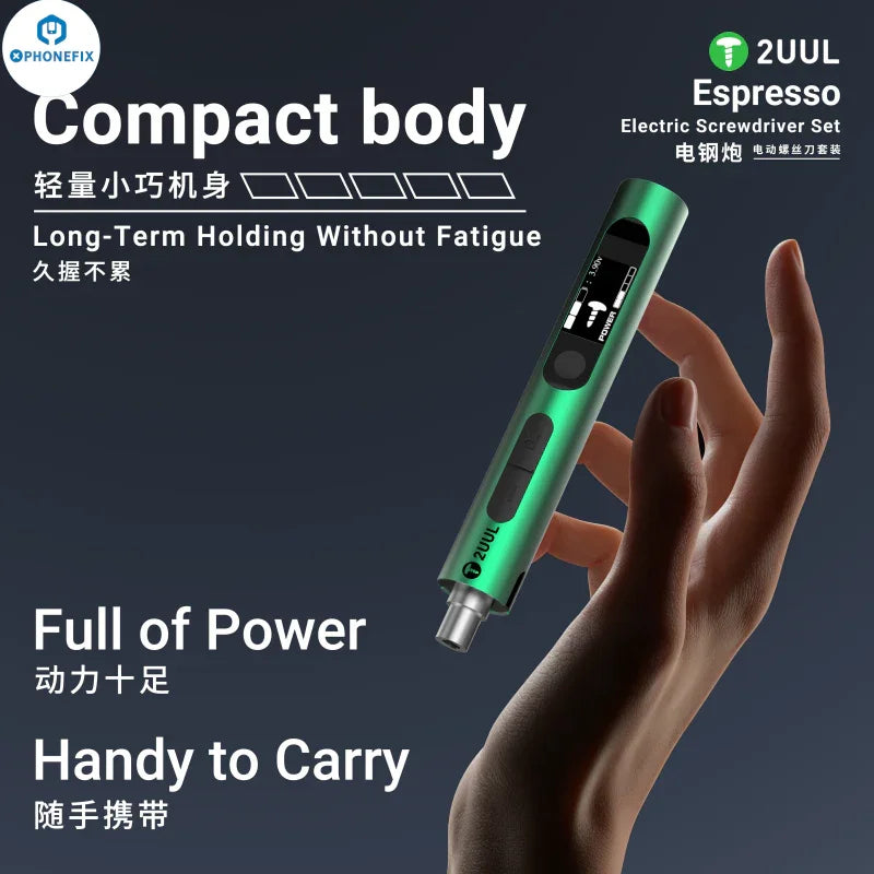 PHONEFIX 2UUL SD11 Espresso Electric Screwdriver for phone disassembly, compact tool with precision bit for electronic repairs.