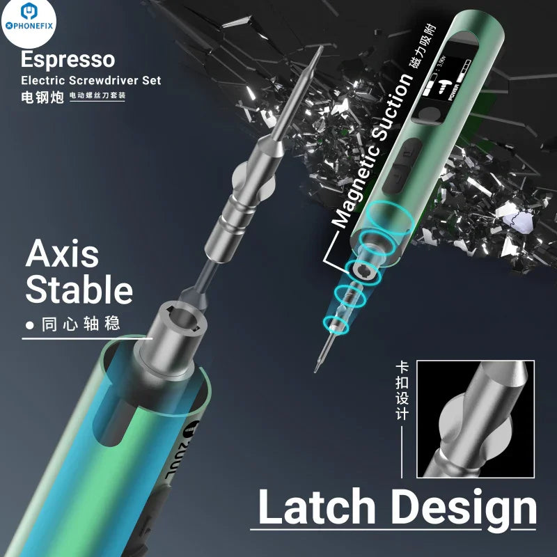 PHONEFIX 2UUL SD11 Espresso Electric Screwdriver for phone disassembly, compact tool with ergonomic handle and precision tips.