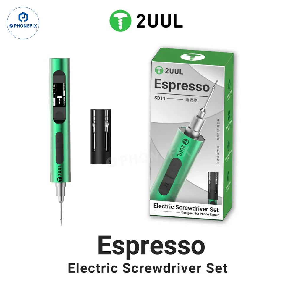PHONEFIX 2UUL SD11 Espresso electric screwdriver for phone disassembly, featuring precision bits and ergonomic design.