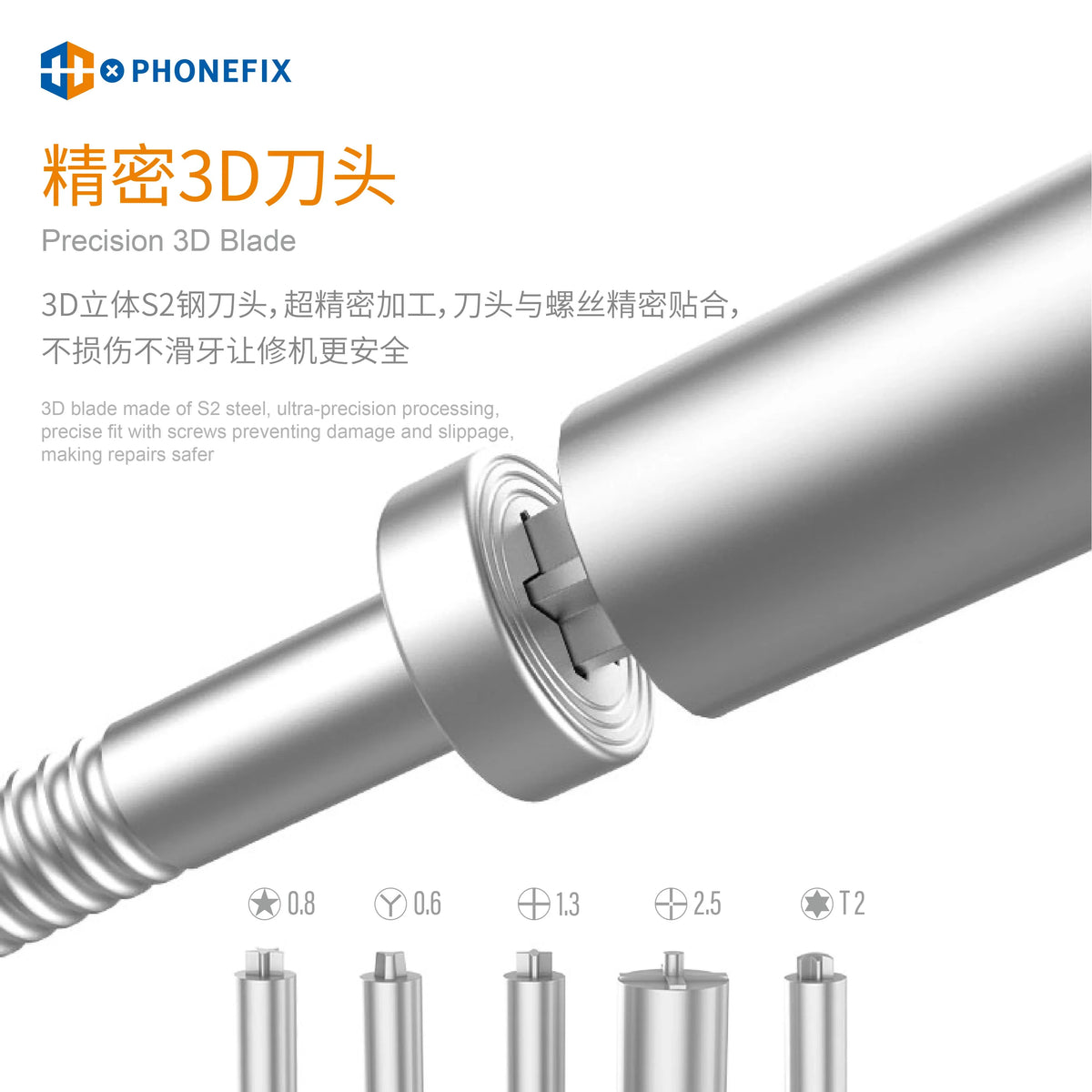 PhoneFix 3D precision screwdriver tool for phone repair, featuring a Y-shaped handle and 0.6mm tips, versatile for electronic repairs.