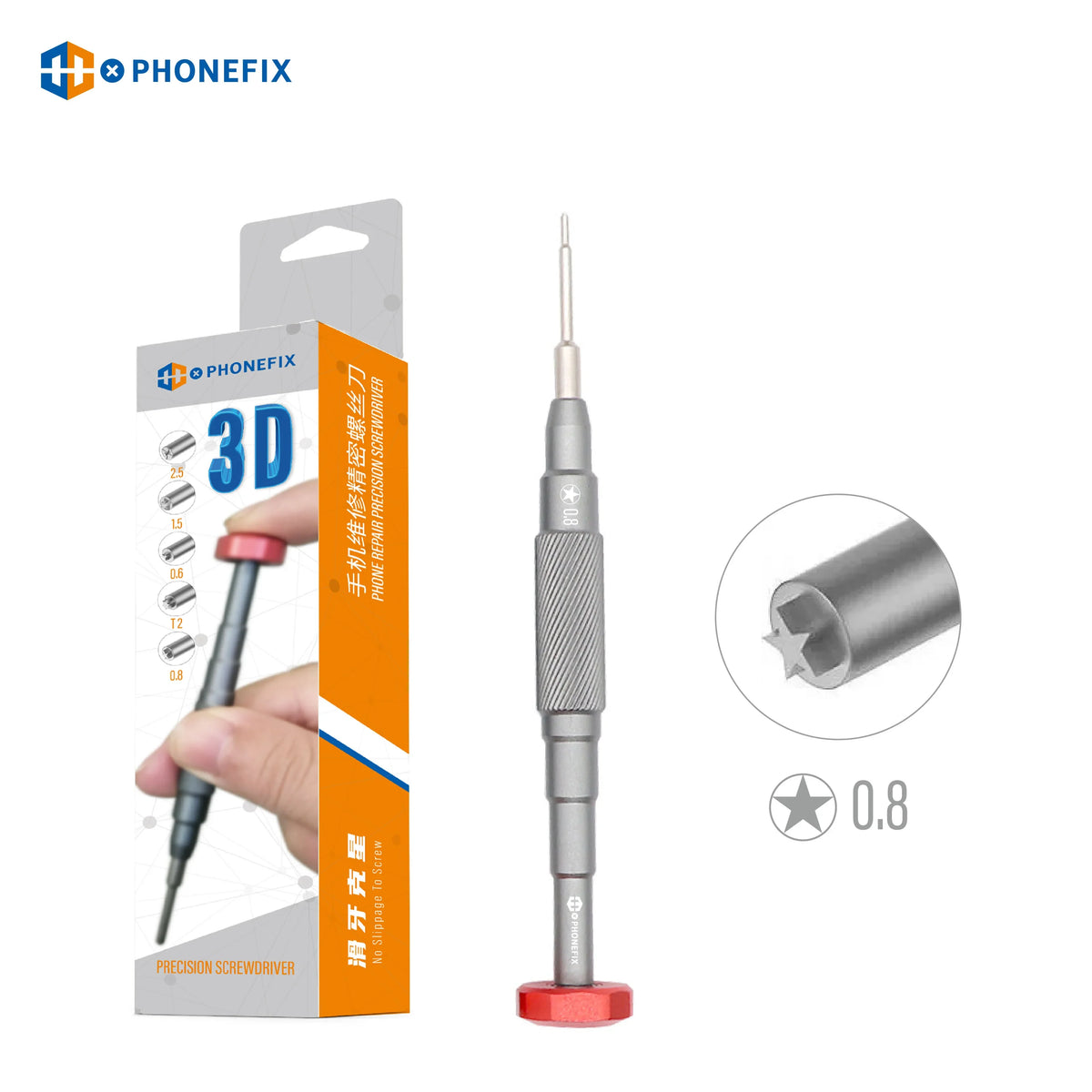 PhoneFix 3D precision screwdriver tool with Y-shaped handle and 0.6mm tips, designed for phone repair and electronics maintenance.