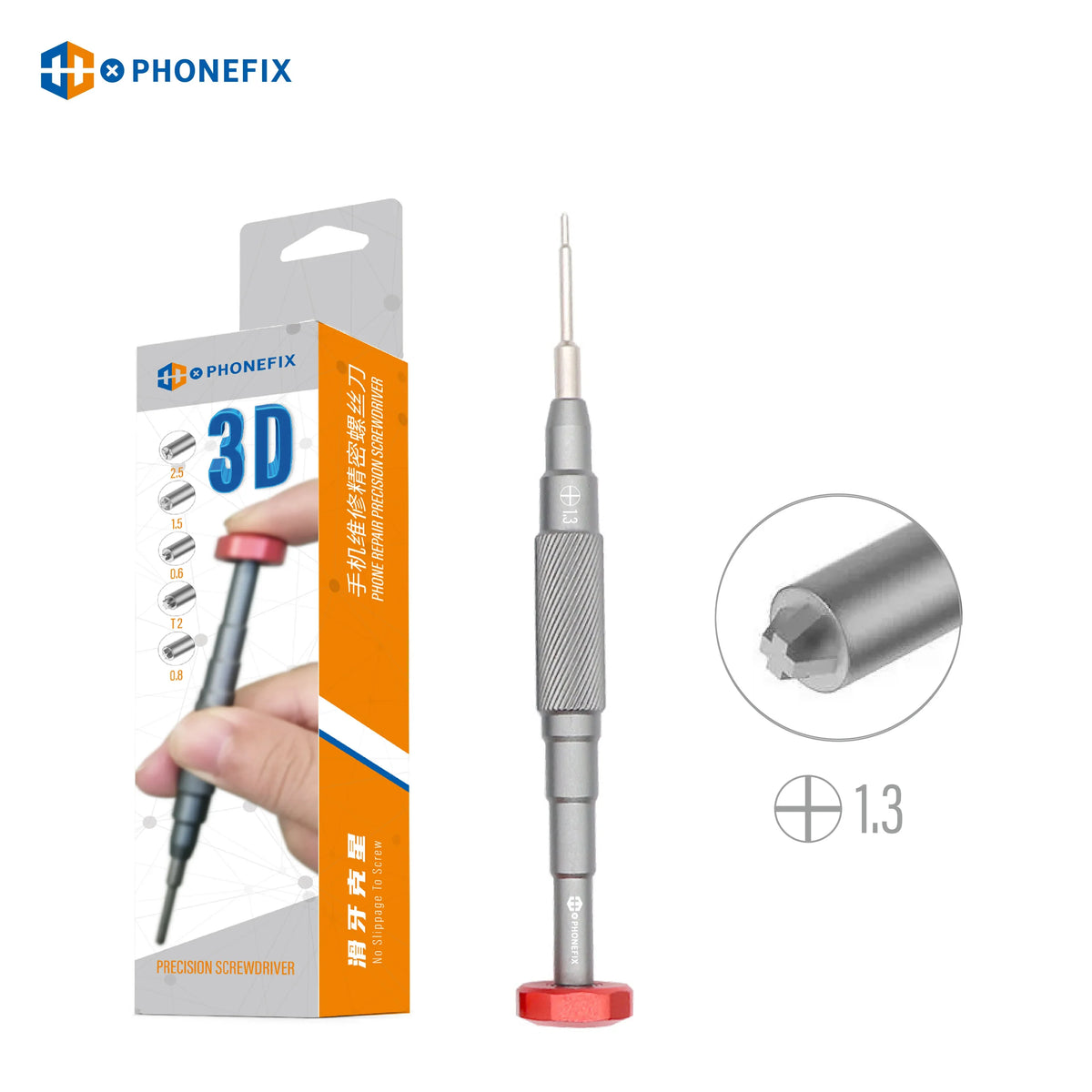 PHONEFIX 3D precision screwdriver tool for phone repair, featuring a Y-shaped handle and 0.6mm tips for detailed electronic work.