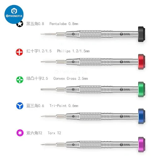 PhoneFix precision screwdriver set with 0.8mm P2 Pentalobe tips for phone repair, featuring professional tools for delicate electronics.
