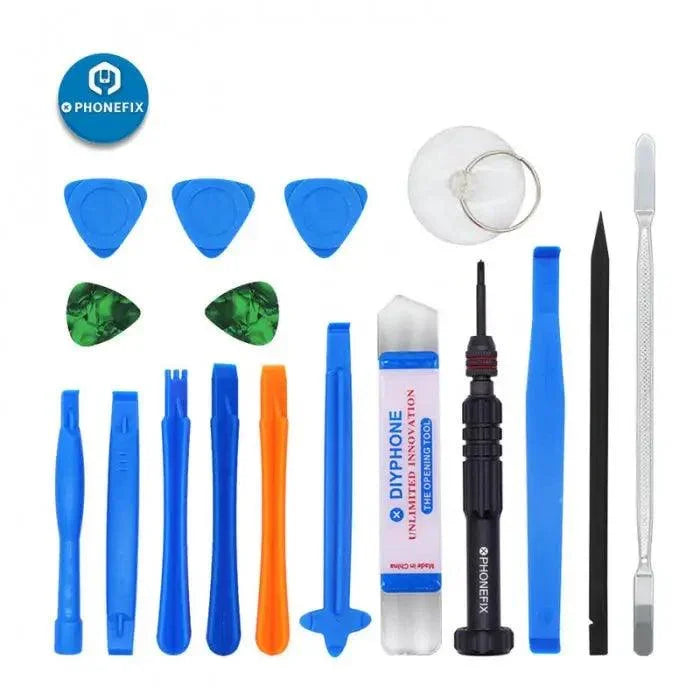 Kit d'outils et de tournevis tout-en-un PhoneFix pour l'ouverture d'écran et la réparation de téléphones, comprenant des outils de précision et des tournevis.