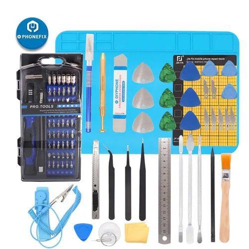 All-in-1 PhoneFix electronic repair toolkit with screwdriver tools for laptops, PCs, tablets, and phones, featuring multiple precision screwdrivers.