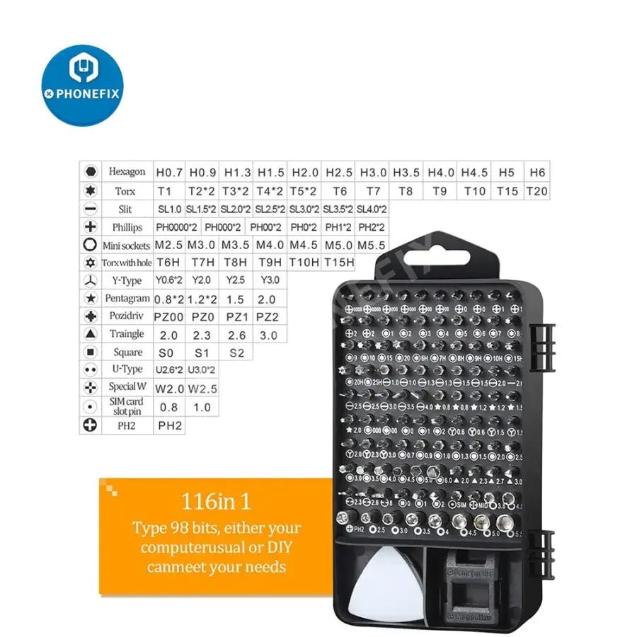 PhoneFix magnetic precision screwdriver set with 117 tools for phone, laptop, and tablet repair, featuring magnetic screwdrivers for easy handling.