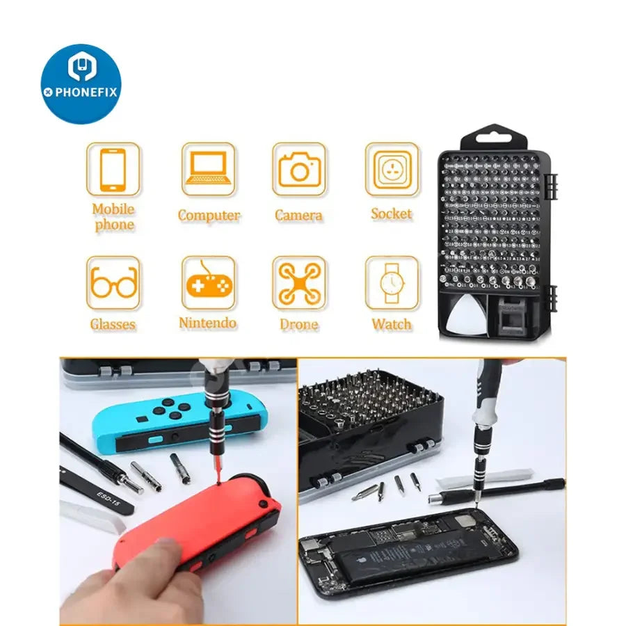 PhoneFix 117-in-1 magnetic precision screwdriver set with repair tools for phones, laptops, tablets, and electronics.