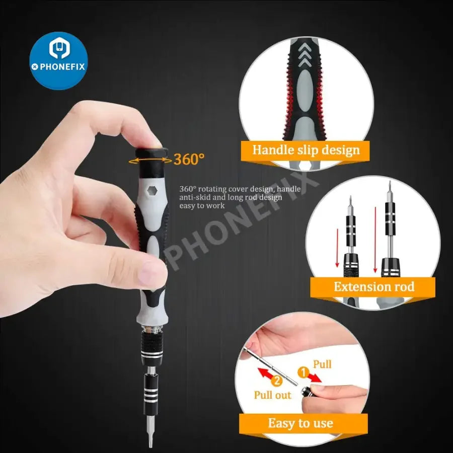 PHONEFIX magnetic precision screwdriver set with 117-in-1 repair tools for phones, laptops, and tablets, featuring magnetic screwdrivers.