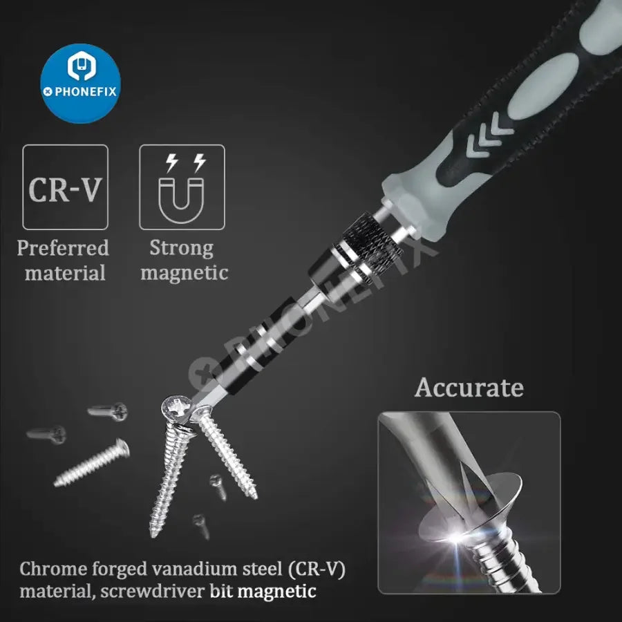 PhoneFix magnetic precision screwdriver set with 117 tools for phone, laptop, and tablet repair, featuring magnetic tips and compact design.