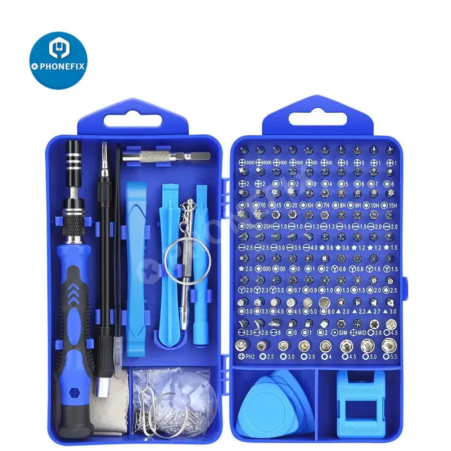 PhoneFix magnetic precision screwdriver set with 117 tools for phone, laptop, and tablet repair, ideal for detailed electronic repairs.