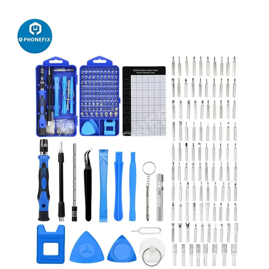 PhoneFix magnetic precision screwdriver set with 117 tools for phone, laptop, and tablet repair, including magnetic screwdrivers and bits.