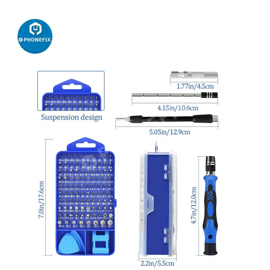 PhoneFix magnetic precision screwdriver set with 117 tools for repairing phones, laptops, and tablets.