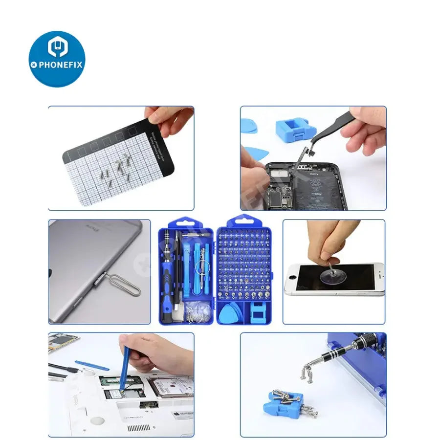 PhoneFix 117-in-1 magnetic precision screwdriver set with repair tools for phones, laptops, and tablets, featuring multiple screwdriver bits.